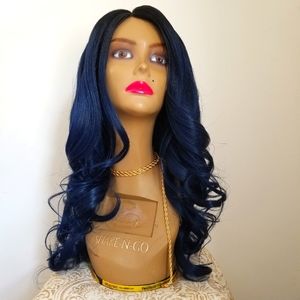 20 Inches Navy Blue Long Wavy Human Blend Wig